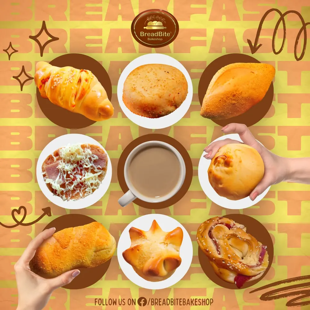 BreadBite poster: a breakfast spread of breads around a cup of coffee.