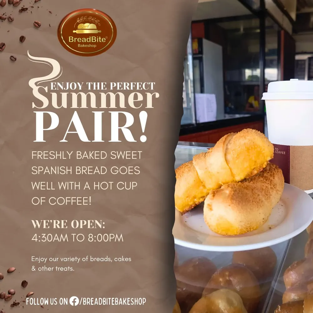 BreadBite poster: Enjoy the perfect summer pair, sweet Spanish bread with a hot cup of coffee.