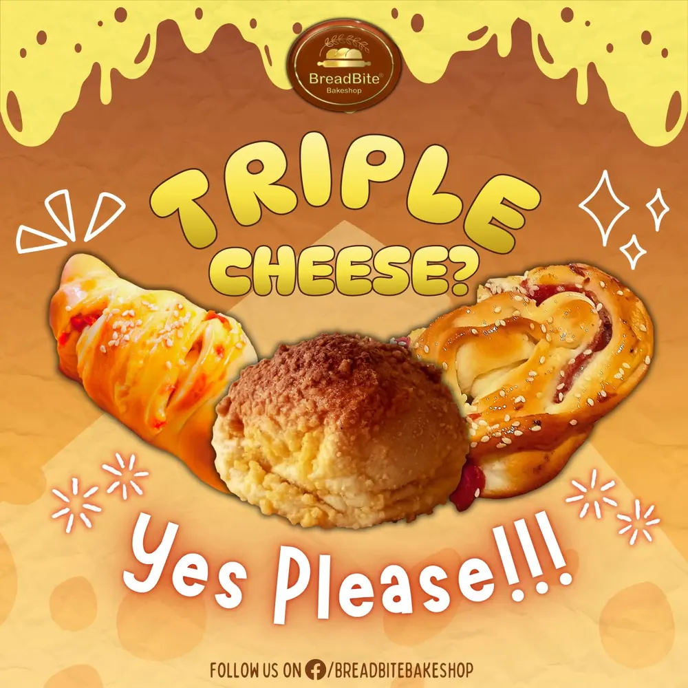 BreadBite poster: Triple cheese? Yes please! Three cheese breads.